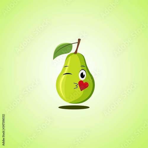 Cartoon Symbol pear sending an air kiss. Cute smiling pear icon isolated on green background.