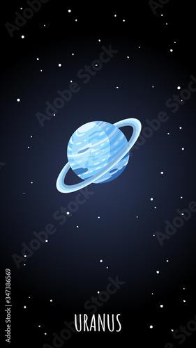 Uranus planet cartoon poster. Vector vertical banner of a space astronimic object for web, stories and social media.