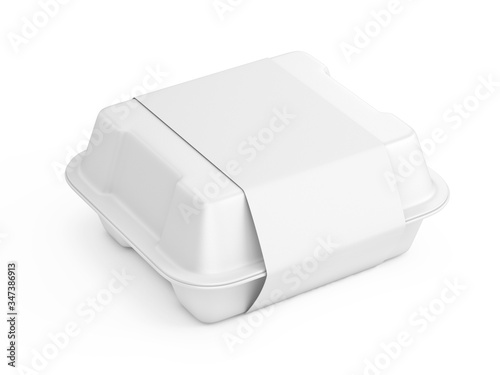 Disposable white food box container whith white paper label isolated on white background - Mock Up Template of food box container - 3d rendering