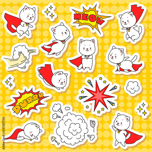 Set of super cat stickers. Illustration of cute white cats in super hero costume and comic book design elements such as speech bubbles and explosions. Vector 8 EPS.