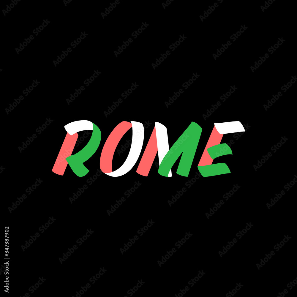 Rome sign brush paint lettering on black background. Capital city of Italia design templates for greeting cards, overlays, posters Rome sign brush paint lettering on black background. Capital city of Italia design templates for greeting cards, overlays, posters