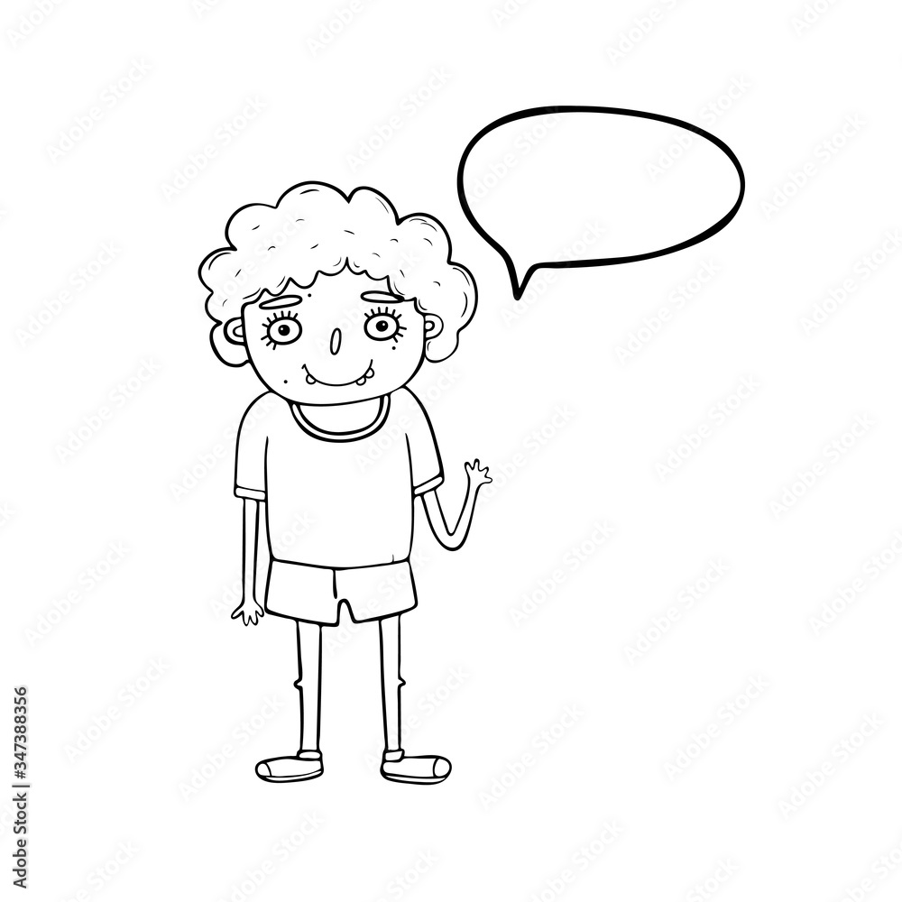 A cartoon boy with curly hair and a funny face waves his hand. Boy with a speech bubble. A cartoon boy with curly hair and a funny face waves his hand. Boy with a speech bubble.