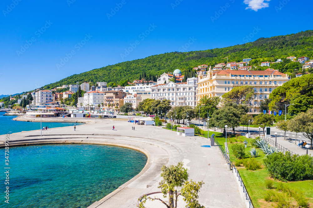 Croatia, town of Opatija, popular tourist resort, Slatina beach, aerial panoramic view