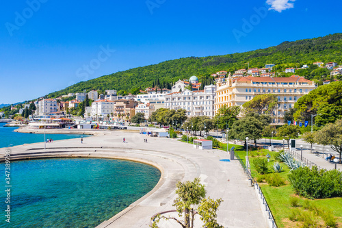 Obraz na płótnie Croatia, town of Opatija, popular tourist resort, Slatina beach, aerial panoramic view w salonie