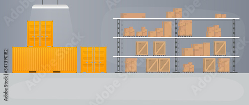 Large warehouse with drawers. Rack with drawers and boxes. Carton boxes. Vector.