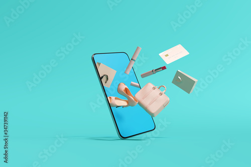 Online shopping concept on smartphone on blue background. 3d rendering photo
