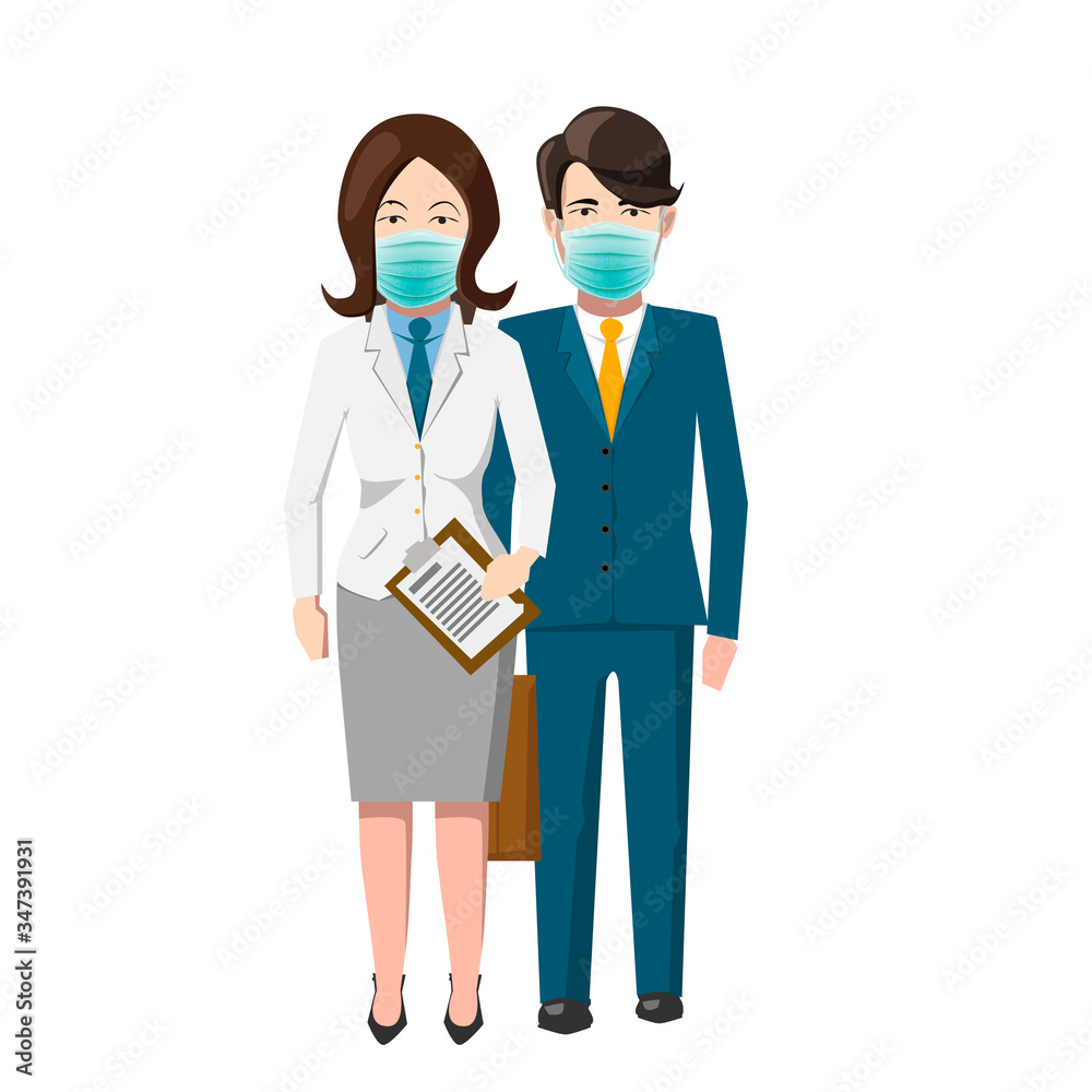Cute couple wear green medical face mask on white Cute couple wear green medical face mask on white