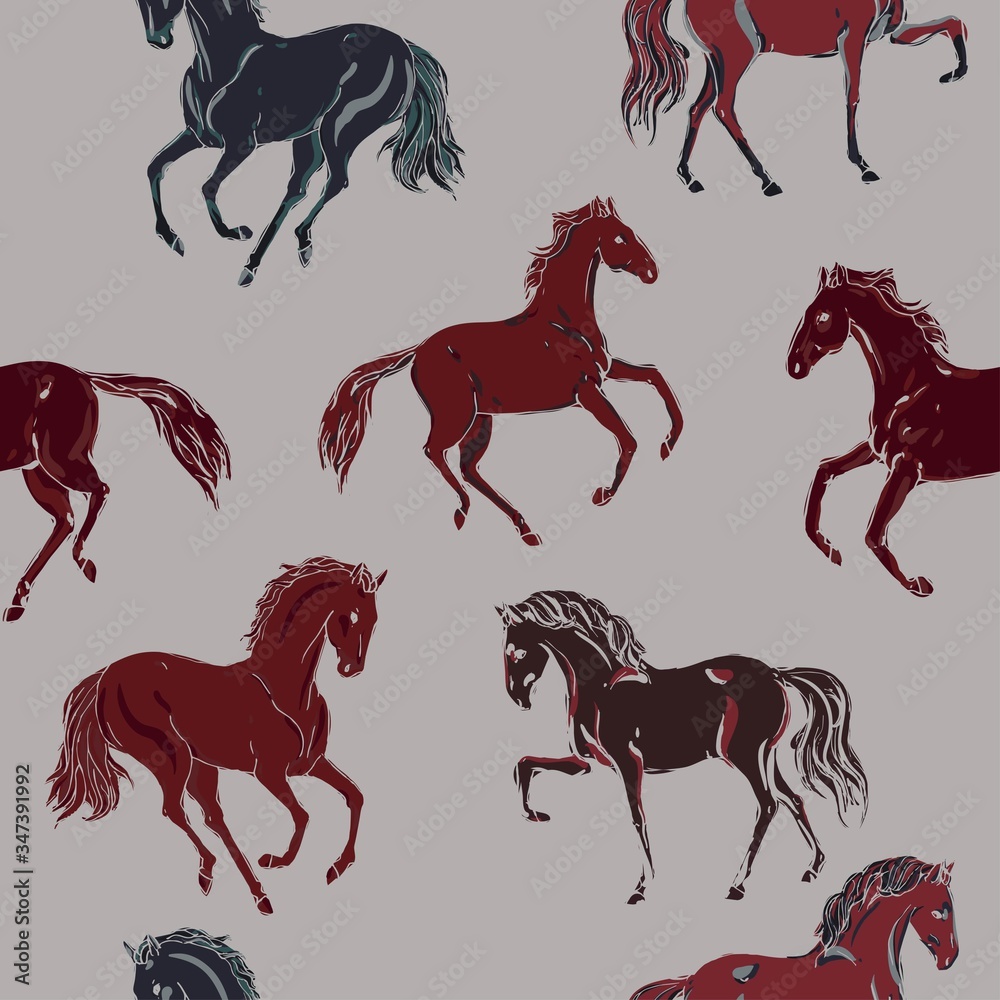 Fototapeta Galloping, trotting and walking horses of different colors on a light beige, cream background. Seamless vector patten with running animals. Square repeating template for fabric and wallpaper