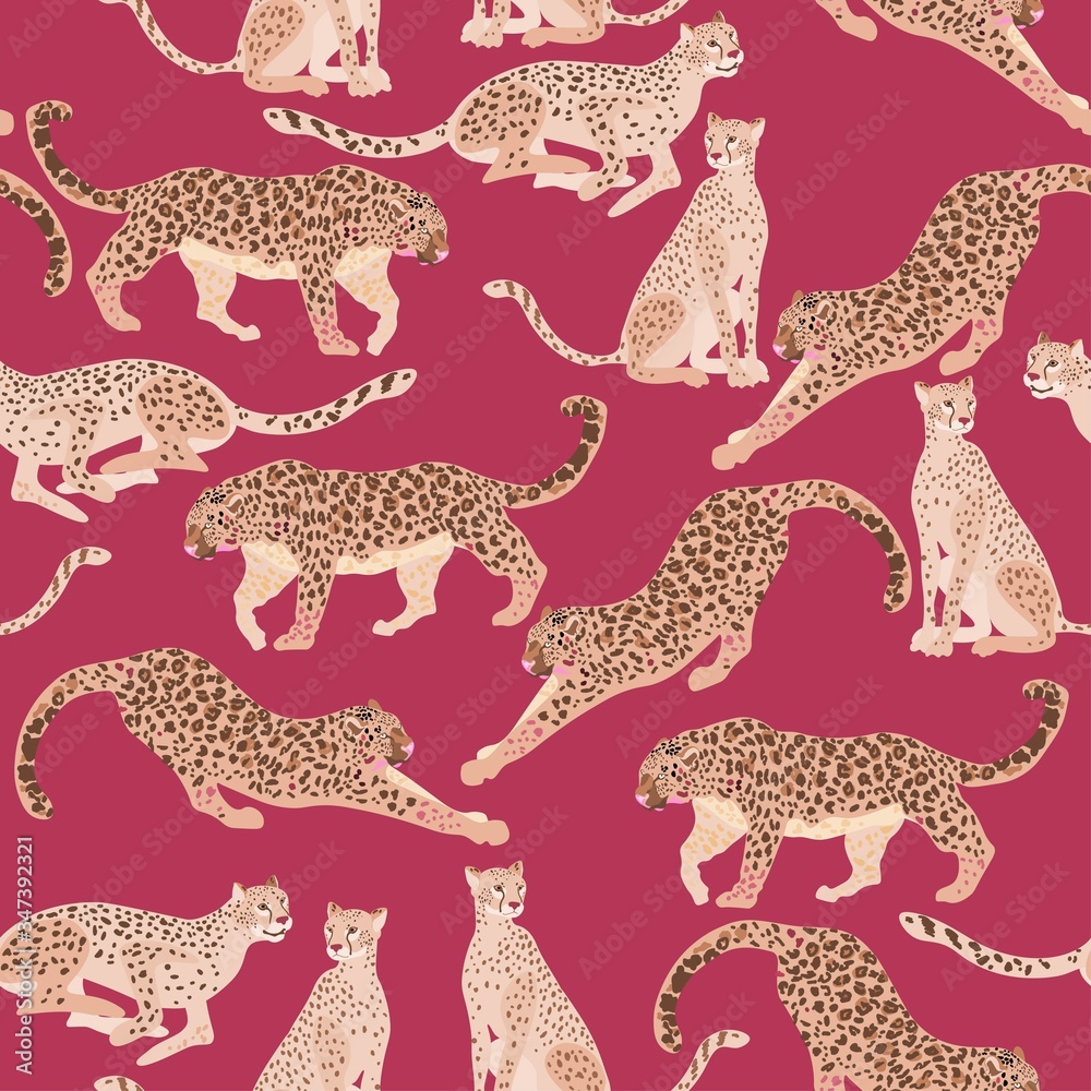 Obraz premium Seamless vector pattern with different big spotted cats - jaguars and leopards, on white, light cream background. Square template with predators for fabric and wallpaper