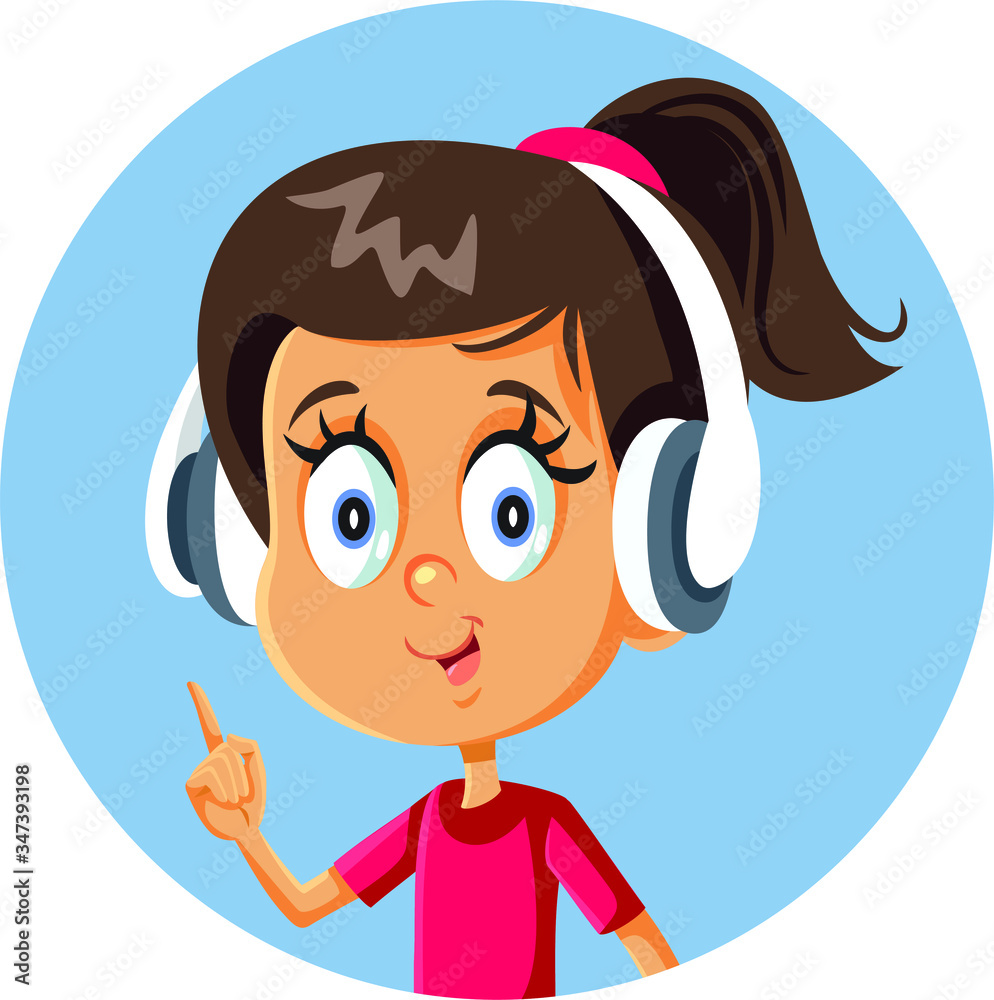 Cheerful Cartoon Girl Wearing Headphones Pointing Finger Cheerful Cartoon Girl Wearing Headphones Pointing Finger
