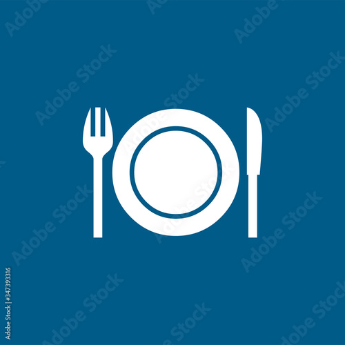 Plate with Knife & Fork Icon On Blue Background. Blue Flat Style Vector Illustration