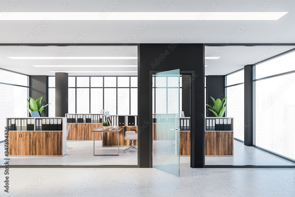 Fototapeta premium Black and wooden office interior with cubicles