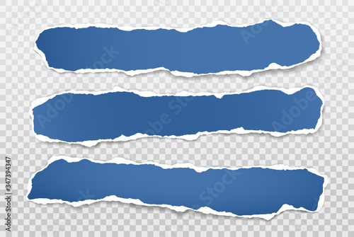 Piece of torn blue horizontal paper pieces with soft shadow stuck on white squared background. Vector illustration