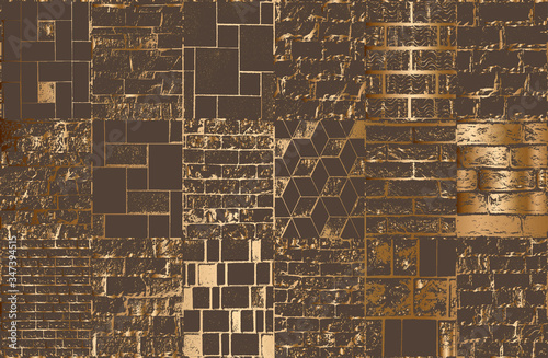 Set of distress old brick wall texture. Brown and golden grunge background.