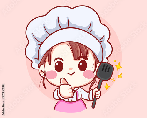 Professional girl Chef With ladle In Hands, Occupation, Cuisine, Menu, Kitchen, Crockery, Cookery, Bakery cartoon art illustration logo. Premium Vector