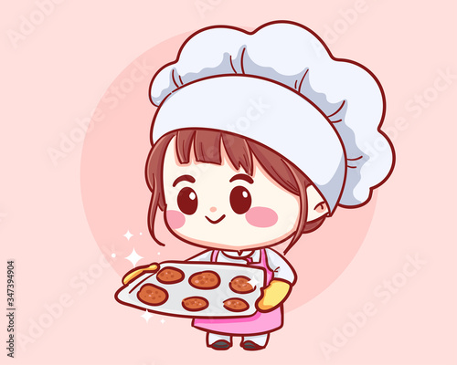 Cute  Bakery chef girl holding tray with fresh-baked cookies. Kid in chef hat and uniform. Cartoon Character cartoon art illustration. Premium Vector
