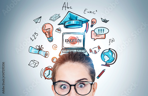 Astonished teen girl in glasses, education sketch photo