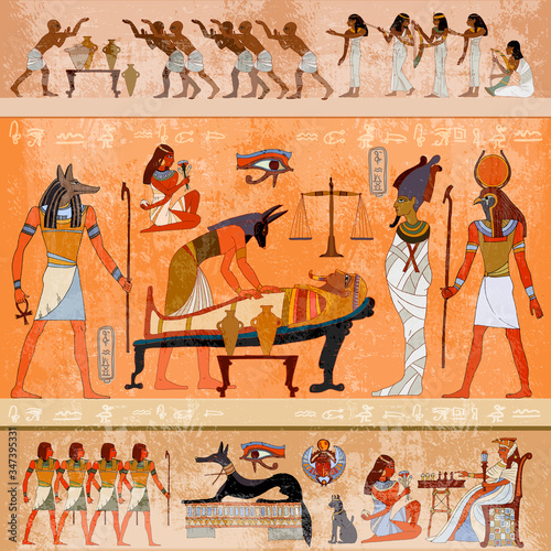 Ancient Egypt. Anubis and pharaoh sarcophagus. Egyptian gods, mythology. Hieroglyphic carvings. Mummification process. Concept of a next world. History wall painting, tomb King Tutankhamun