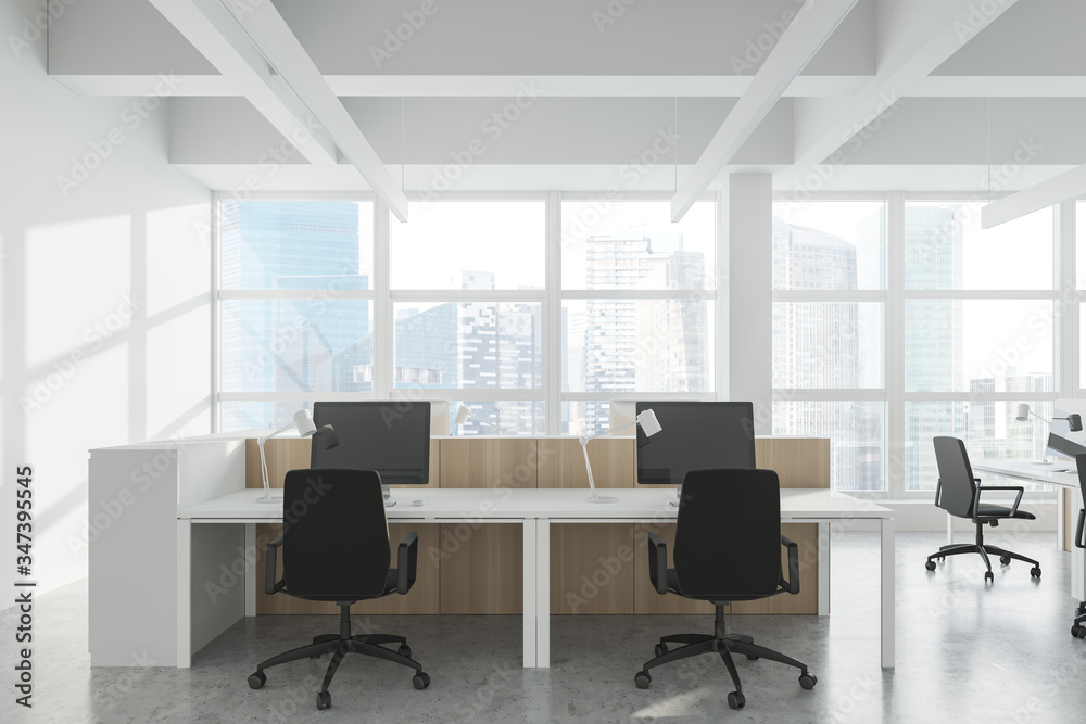 Workplace in panoramic white open space office