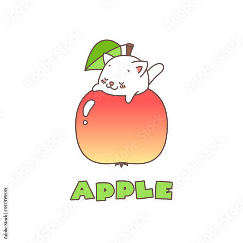 Apple. Kawaii illustration of a little white kitten sitting in an apple. Vector 8 EPS.