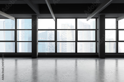 Empty panoramic gray office with cityscape