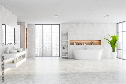 White wooden bathroom interior  tub and sink