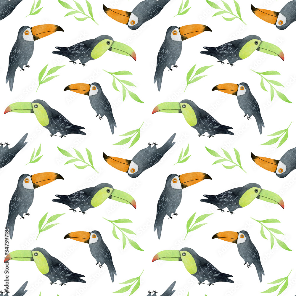 Obraz premium Watercolor seamless pattern with toucans. Wild colorful tropical birds in a cartoon style. Wild jungle animals for textile, covers, wallpaper, packaging