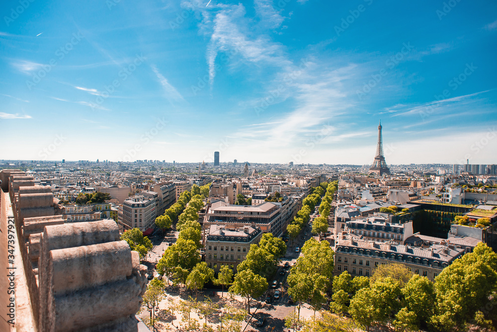 Beautiful Panoramic View of Paris with Eiffel Tower from the Roof of Triumphal Arch.