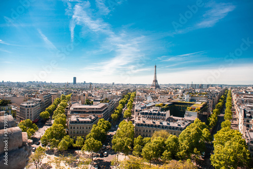 Beautiful Panoramic View of Paris with Eiffel Tower from the Roof of Triumphal Arch.