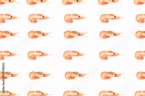 Shrimps orange pattern on white background flat lay