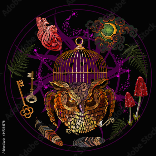 Owl, golden cage, vintage key, moon, mushrooms and anatomical heart. Dark gothic template. Alchemy style. Occult and esoteric concept. Black magic illustration. Tarot card art