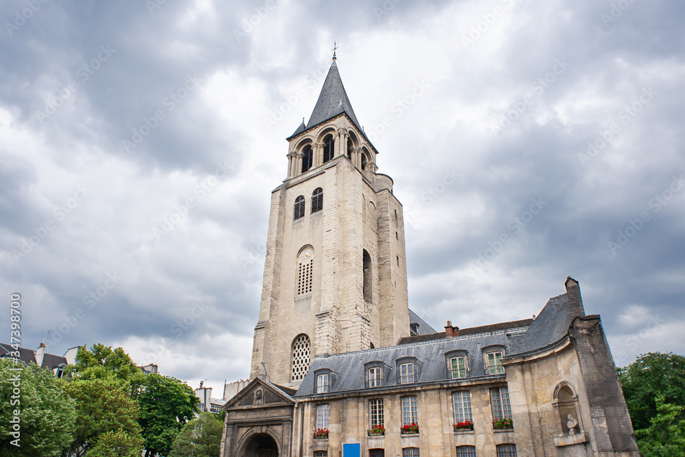 The Church of Saint Germain des Pres in Paris. Cloudy Sky.