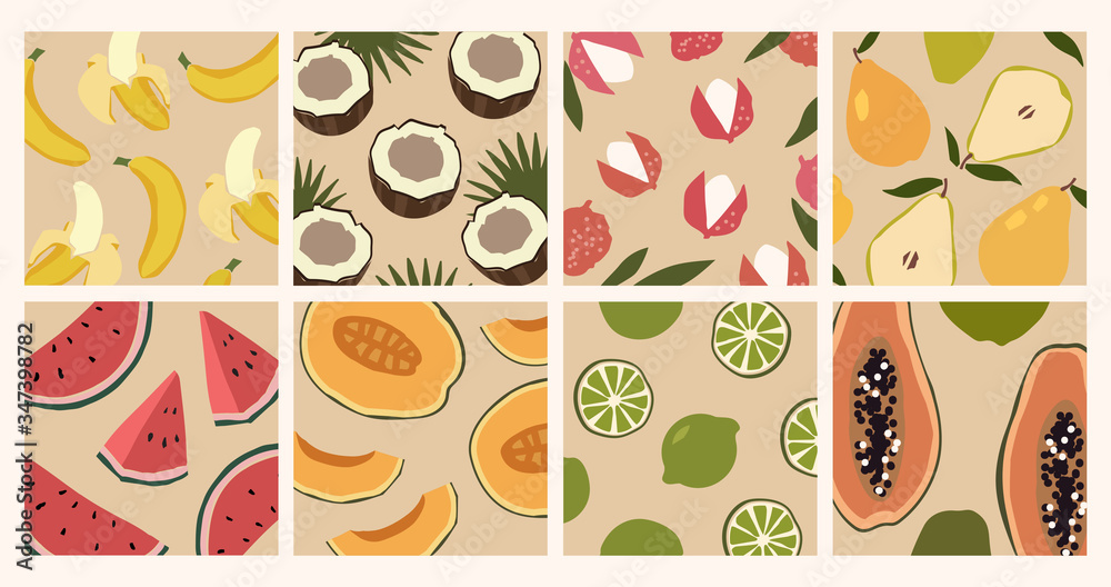 Trendy set of minimalistic summer tropical fruit backgrounds in pastel shades