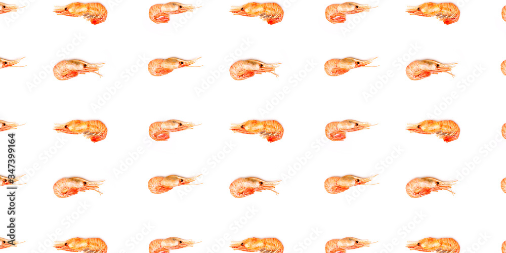 Shrimps orange pattern on white background flat lay banner