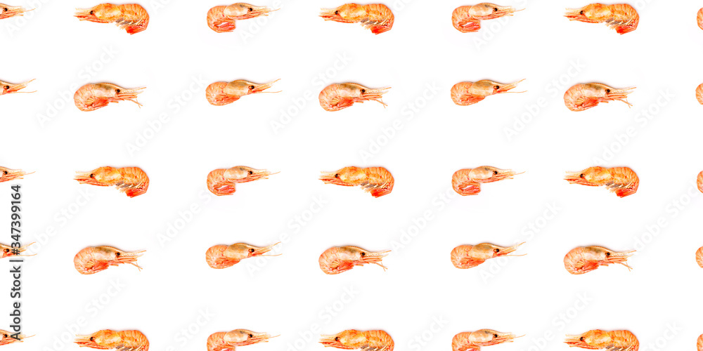Shrimps orange pattern on white background flat lay banner Shrimps orange pattern on white background flat lay banner