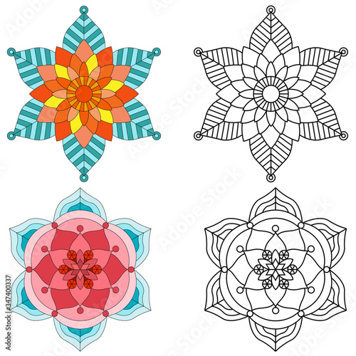 Mandala flower 2 style coloring for adults picture for relative therapy.