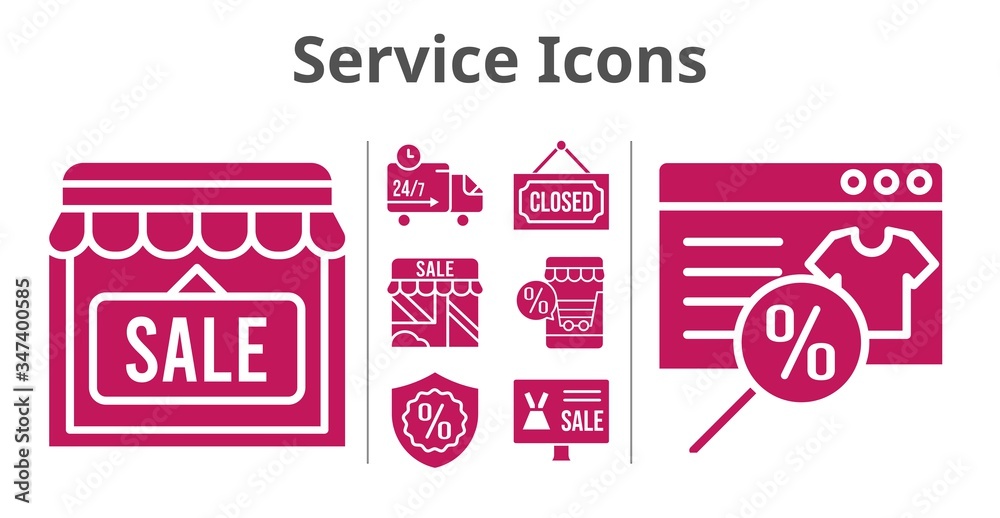 service icons set. included online shop, shop, warranty, closed, delivery truck icons. filled styles.