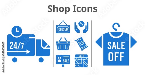 shop icons set. included online shop, shop, shirt, closed, discount, shopping-basket, delivery truck, trolley icons. filled styles.