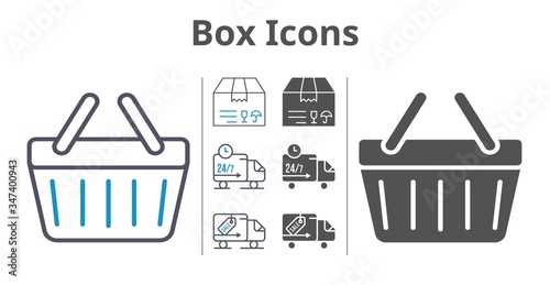 box icons icon set included package, shopping-basket, delivery truck icons