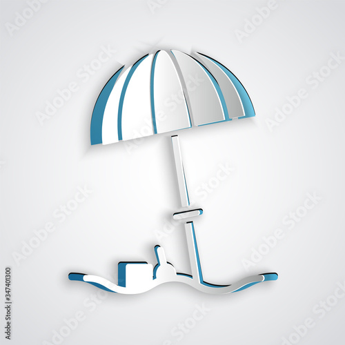 Paper cut Sun protective umbrella for beach icon isolated on grey background. Large parasol for outdoor space. Beach umbrella. Paper art style. Vector Illustration