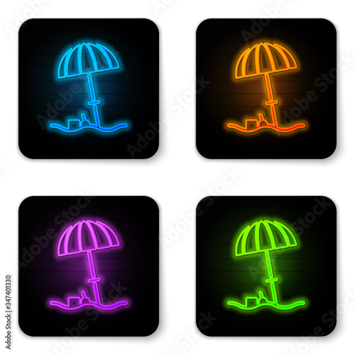Glowing neon Sun protective umbrella for beach icon isolated on white background. Large parasol for outdoor space. Beach umbrella. Black square button. Vector Illustration
