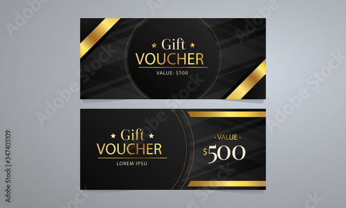 Golden voucher or Gift card template with monetary award Special offer for the customer. Shop invitation Gift card