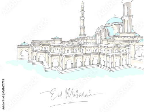 Eid mubarak greeting card premium design. Vector illustration of a mosque in a hand sketch and watercolor style on a white background. 
