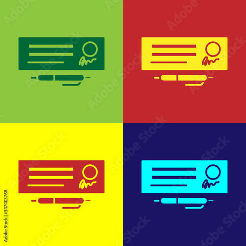Pop art Blank template of the bank check and pen icon isolated on color background. Checkbook cheque page with empty fields to fill.  Vector Illustration