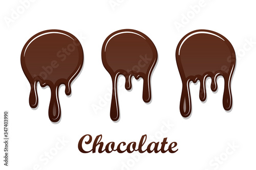 Chocolate drip splash set. Chocolate liquid blot isolated white background. Shape melt dessert spot. 3D realistic stain element. Food decoration. Milk, dark chocolate splashing. Vector illustration