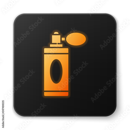 Orange glowing neon Aftershave bottle with atomizer icon isolated on white background. Cologne spray icon. Male perfume bottle. Black square button. Vector Illustration