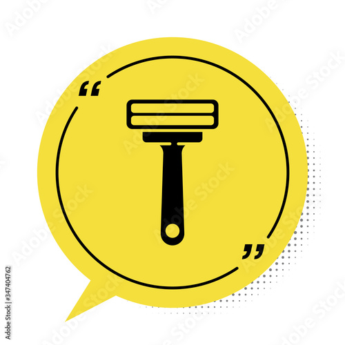 Black Shaving razor icon isolated on white background. Yellow speech bubble symbol. Vector Illustration