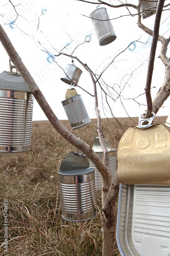 Pollution of Environment. Dead tree decorated with metal rubbish cans and plastic bottles illustrating how nature and environment is affected by human industrial activities (my own composition).