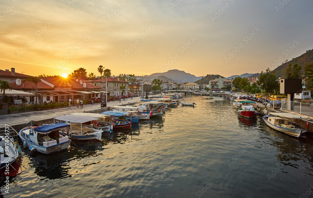 Fototapeta premium Marmaris marina landscape beautiful sunset citycape touristic destination view of Mugla city, Turkey.