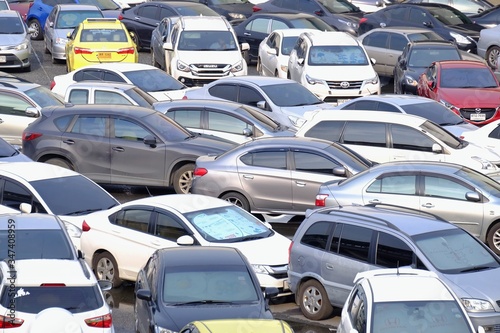 Photography BANGKOK, THAILAND - DECEMBER 11,2019 : Many cars parking in the outdoor parking